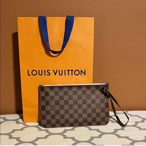 Louis Vuitton Brown Checkered Wristlet with Orange Bag